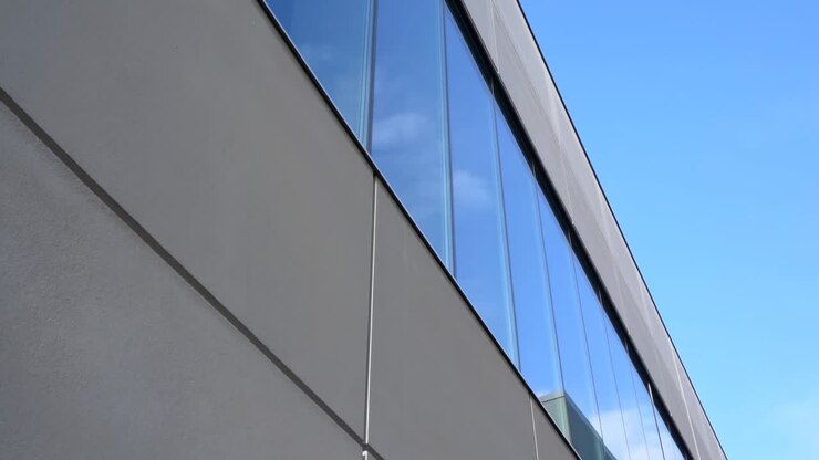 Panoramica verticale lungo la facciata di un edificio moderno con finestre riflettenti