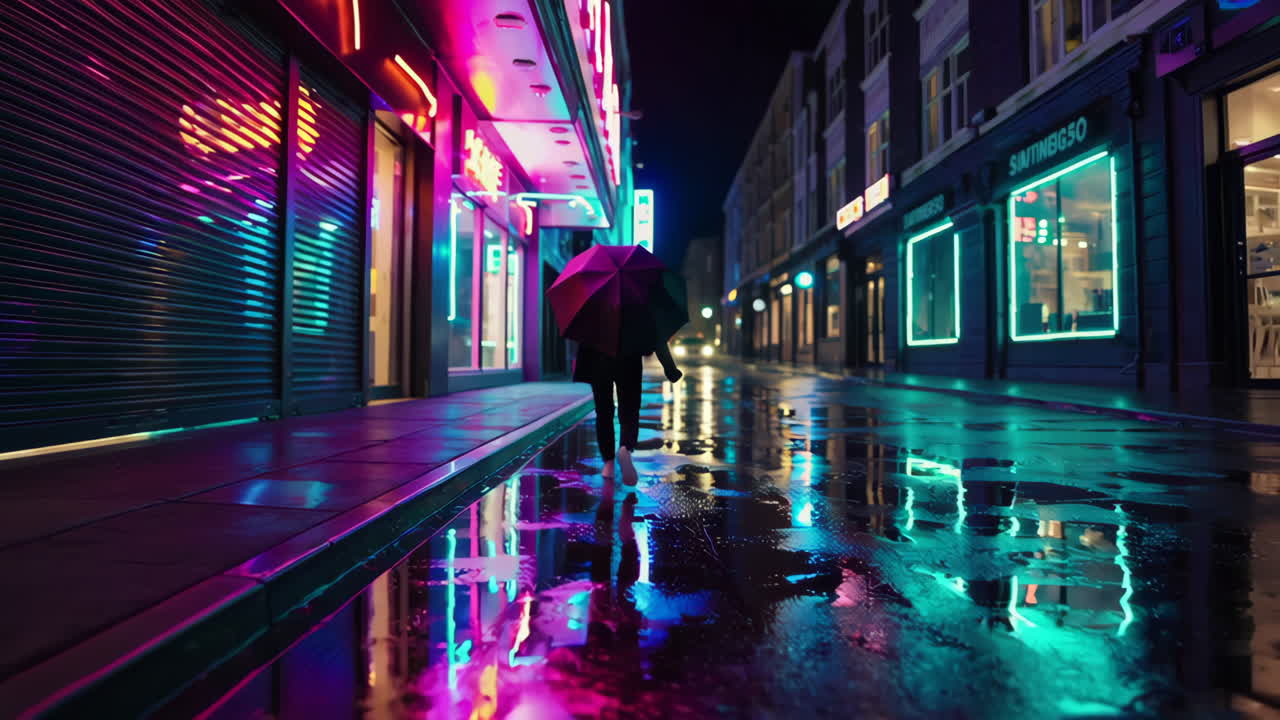 Rainy Night City Street with Neon Lights