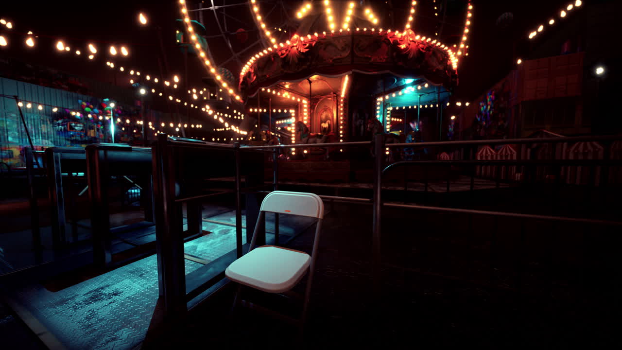 Lonely chair at a brightly lit empty amusement park during nighttime