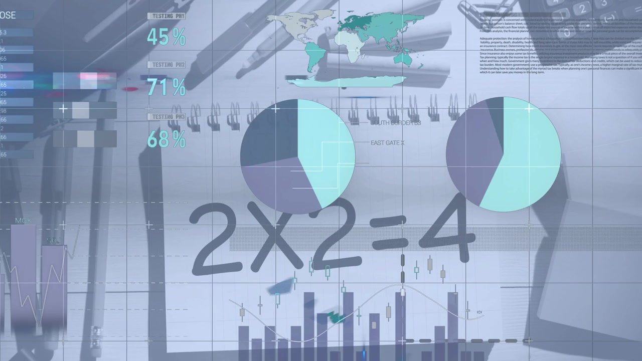 Data overlays appearing handwritten equation 2X2=4 animating over notebook and pens showing data