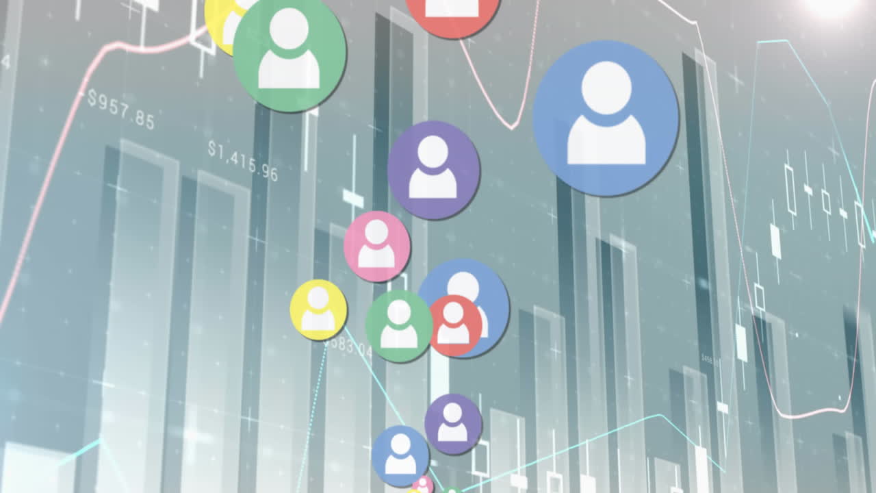 animación de iconos de perfiles que flotan sobre el procesamiento de datos estadísticos contra un fondo gris.