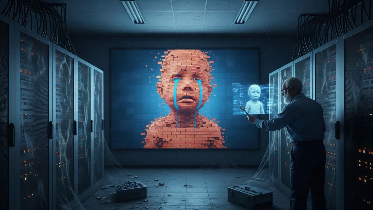A surreal digital environment where artificial intelligence and emotions collide; a figure observes a pixelated child visually expressing sorrow amidst a technological backdrop.