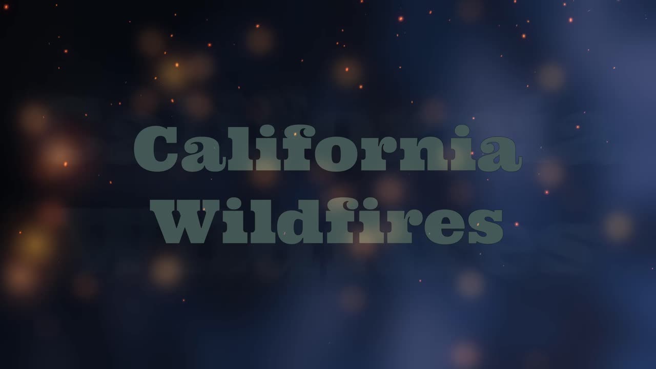 texto animado en llamas que indica los incendios forestales de california con un fondo oscuro con brasas, cenizas y chispas flotando con el humo.