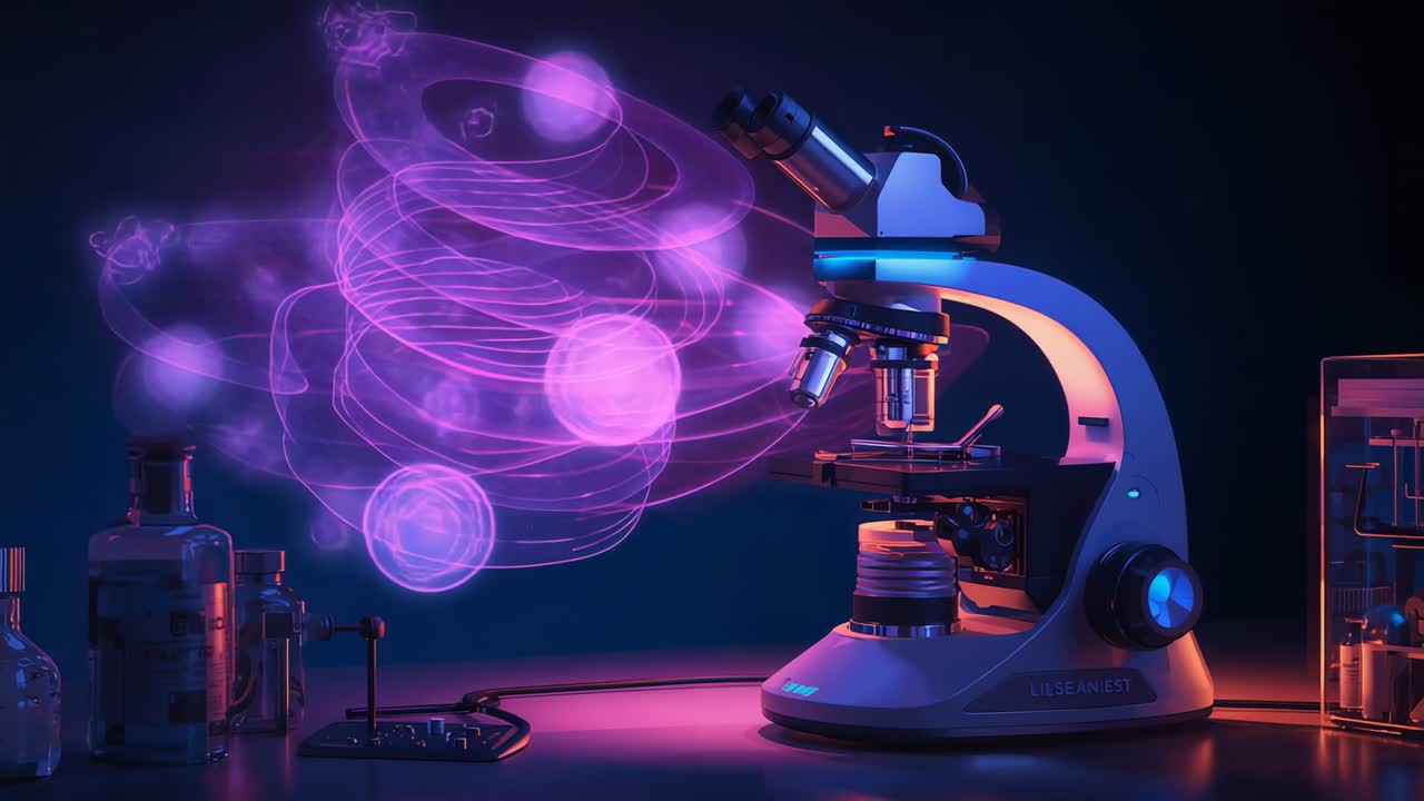 Forming purple holographic swirl emerging left of compound microscope on lab bench, with glassware