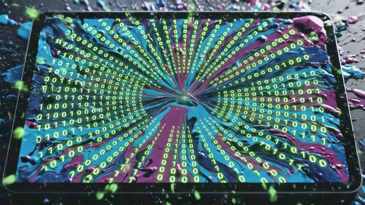 Abstract digital art on tablet screen with binary code