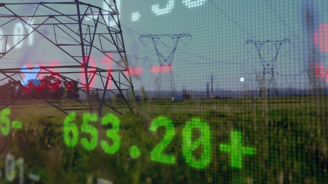 Electricity pylon in field with financial data and numbers overlay animation