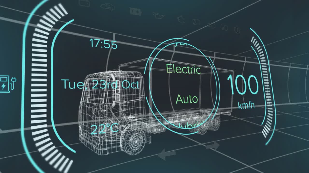 On startup wireframe truck accelerating through mode shifts in 3D grid tunnel showing HUD