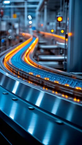 conveyor belt transporting goods in a modern factory setting at night