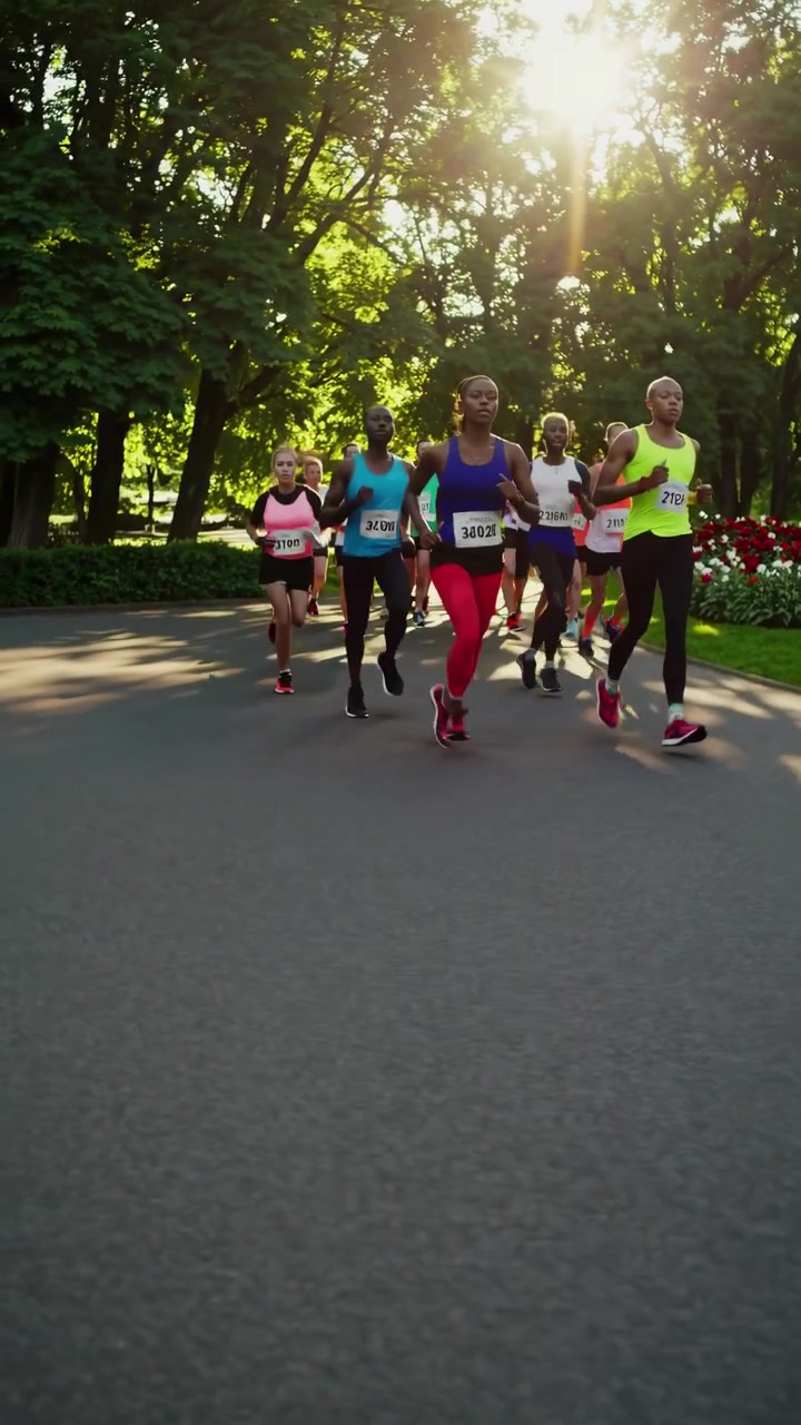 Gruppo di corridori diversi che partecipano a una maratona in un parco