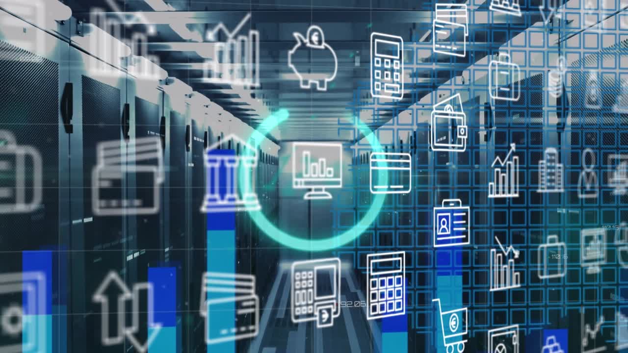 Animation of icons and data processing over server room