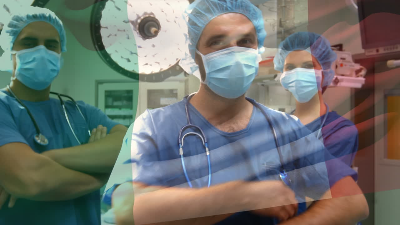 animación de la bandera de italia ondeando sobre los cirujanos en el quirófano