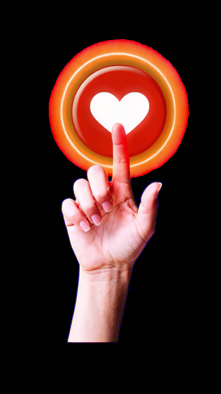Hand pressing heart icon animation isolated asset, transparent 4K video, alpha channel, ProRes 4444