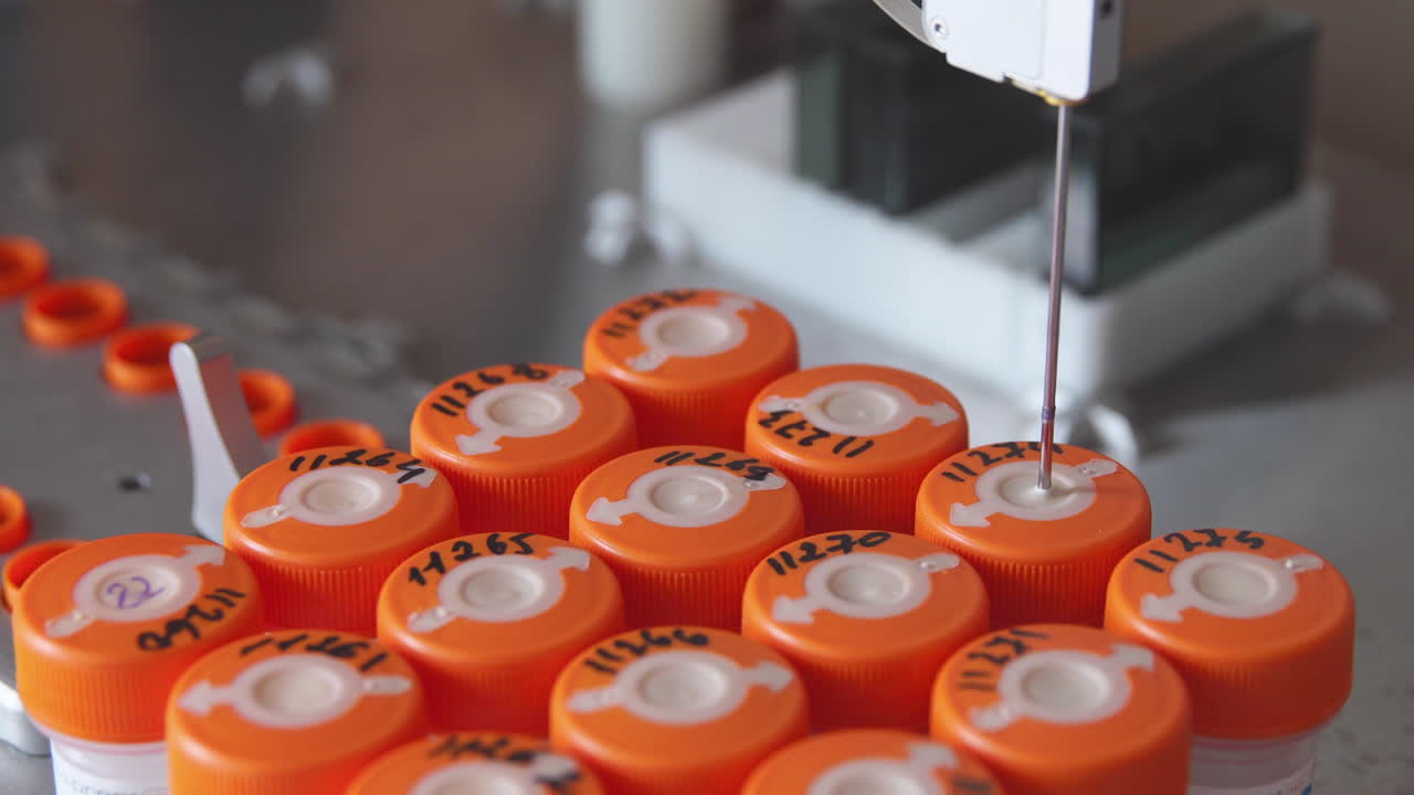 의료 실험실에서 로 ⁇ 은 액체 항아리를 바늘로  ⁇ 고 튜브에 부어서 의사가 추가적으로 분석합니다.