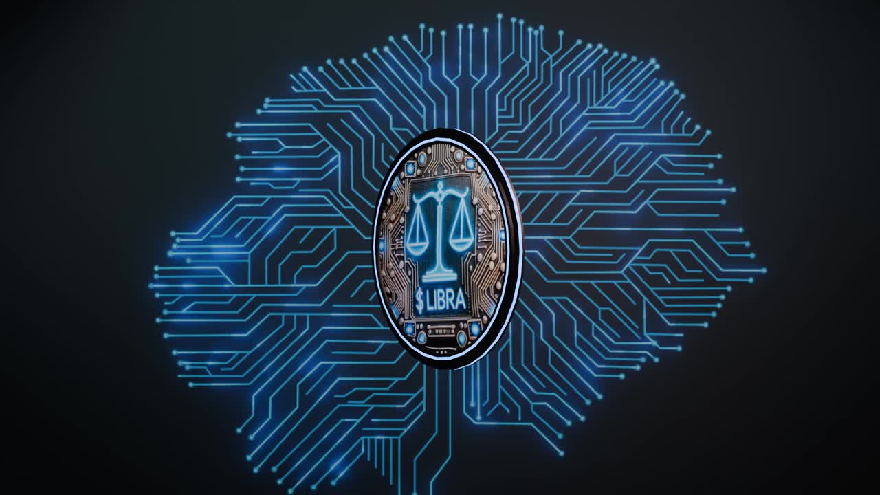 Libra coin merges with glowing digital brain, symbolizing the integration of cryptocurrency with artificial intelligence