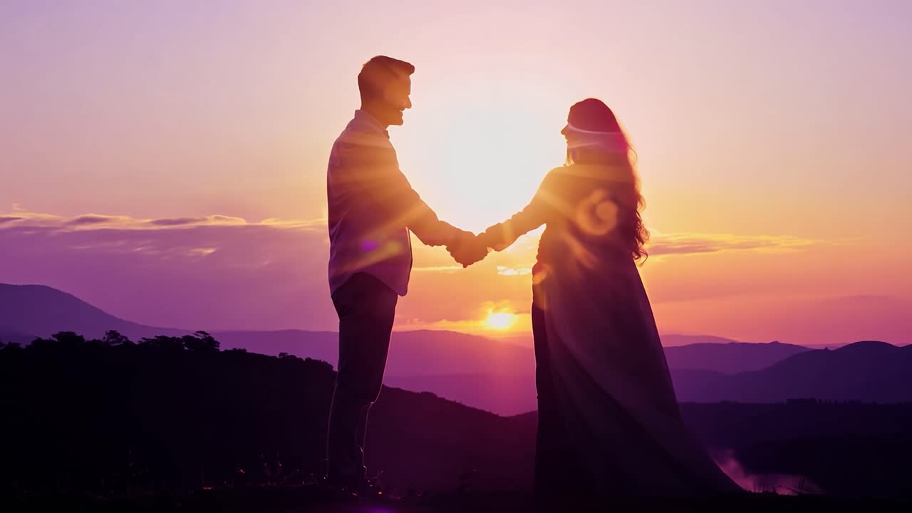 una pareja siluetada contra una puesta de sol