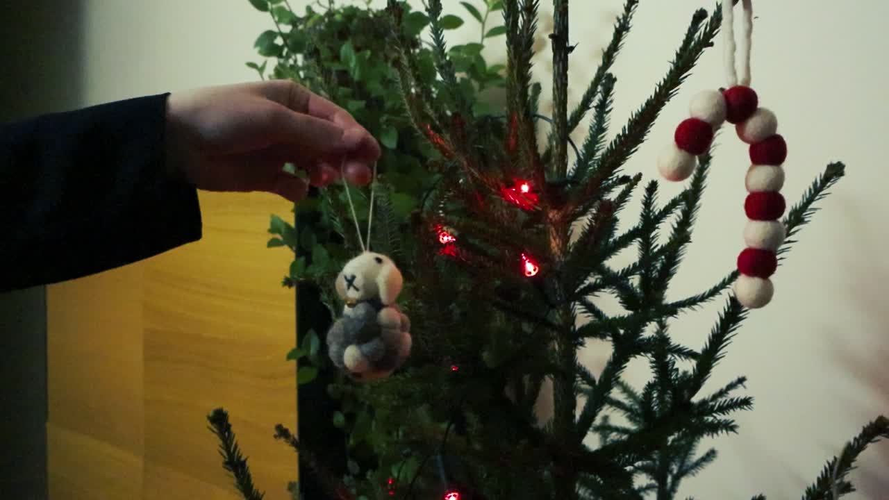 Female hand placing a felted sheep Christmas decoration on a green Christmas tree in slow motion while red LED lights light up the green spruce tree needles. Footage is filmed close up mode.