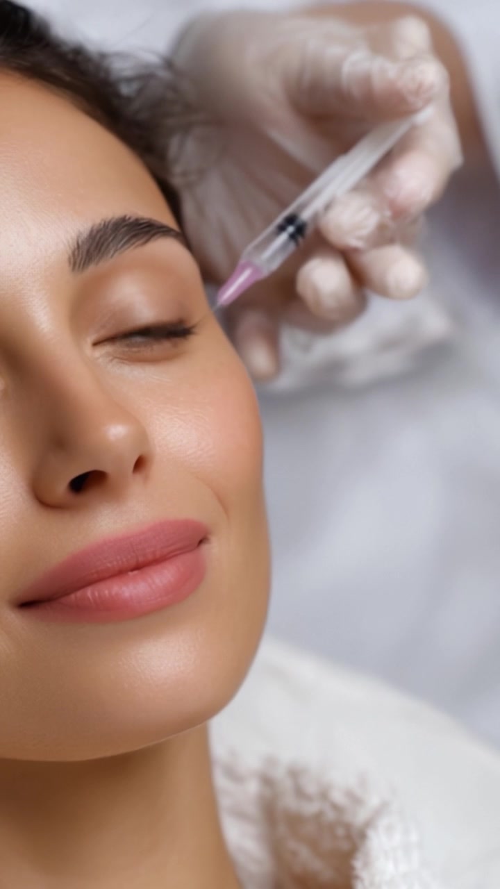 Una donna che riceve un trattamento cosmetico con una siringa, mostrando un'espressione serena, evidenziando gli aspetti di bellezza e cura di sé delle procedure estetiche.
