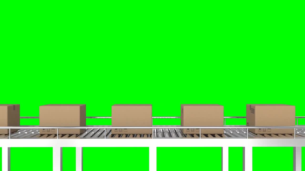 녹색 바탕에 컨베이어 벨트에서 움직이는 카드보드 상자의 애니메이션