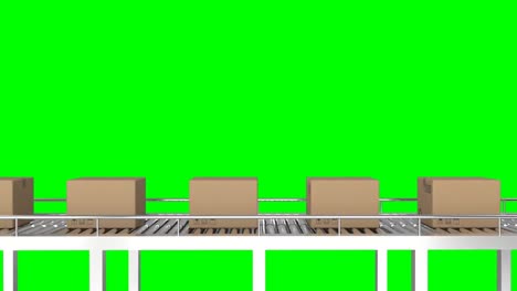 Animation-of-cardboard-boxes-moving-on-conveyor-belt-against-green-background