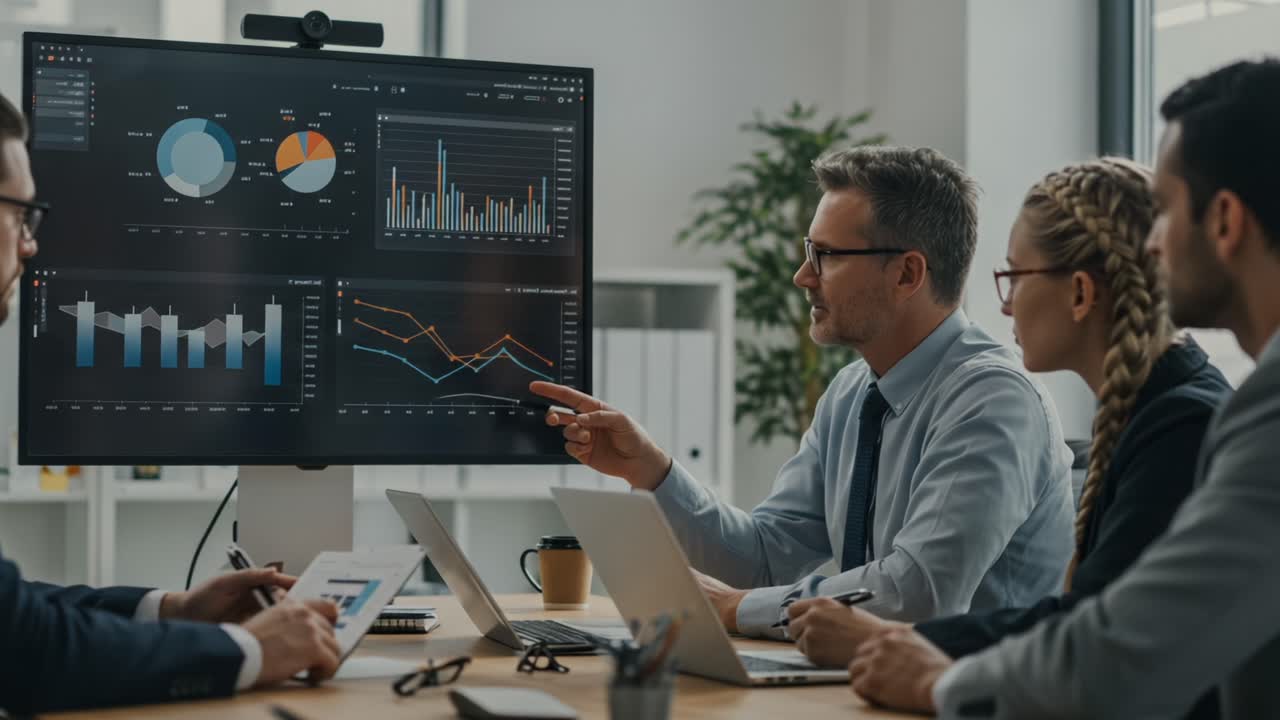 Engaging Business Meeting: Professionals Analyzing Data Trends and Charts in a Modern Conference Room Setting with Laptops and Visual Presentations