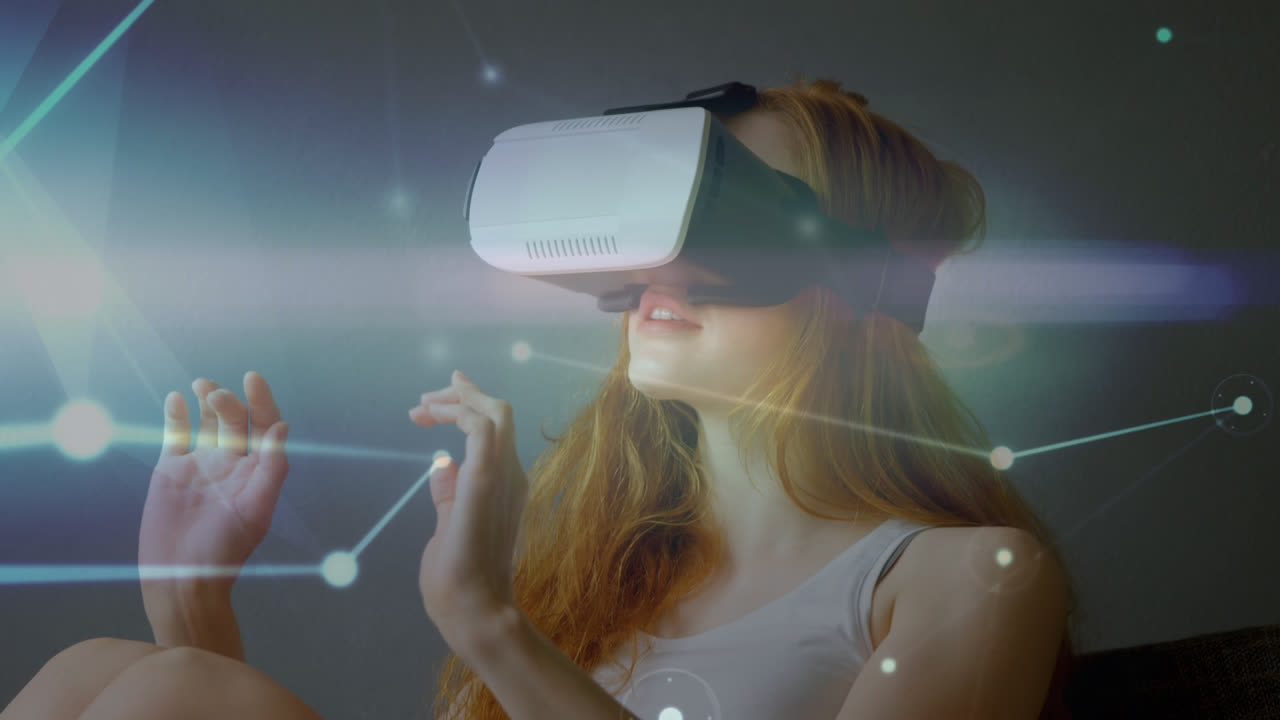 animazione della rete di connessioni su donna caucasica usando auricolari vr
