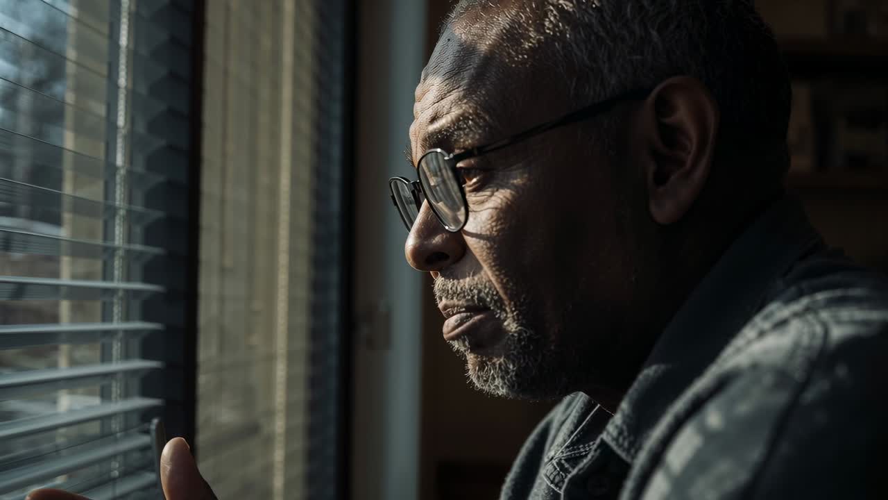 Leaning senior man in denim jacket and eyeglasses peering at window blinds, sunlight drawing notice