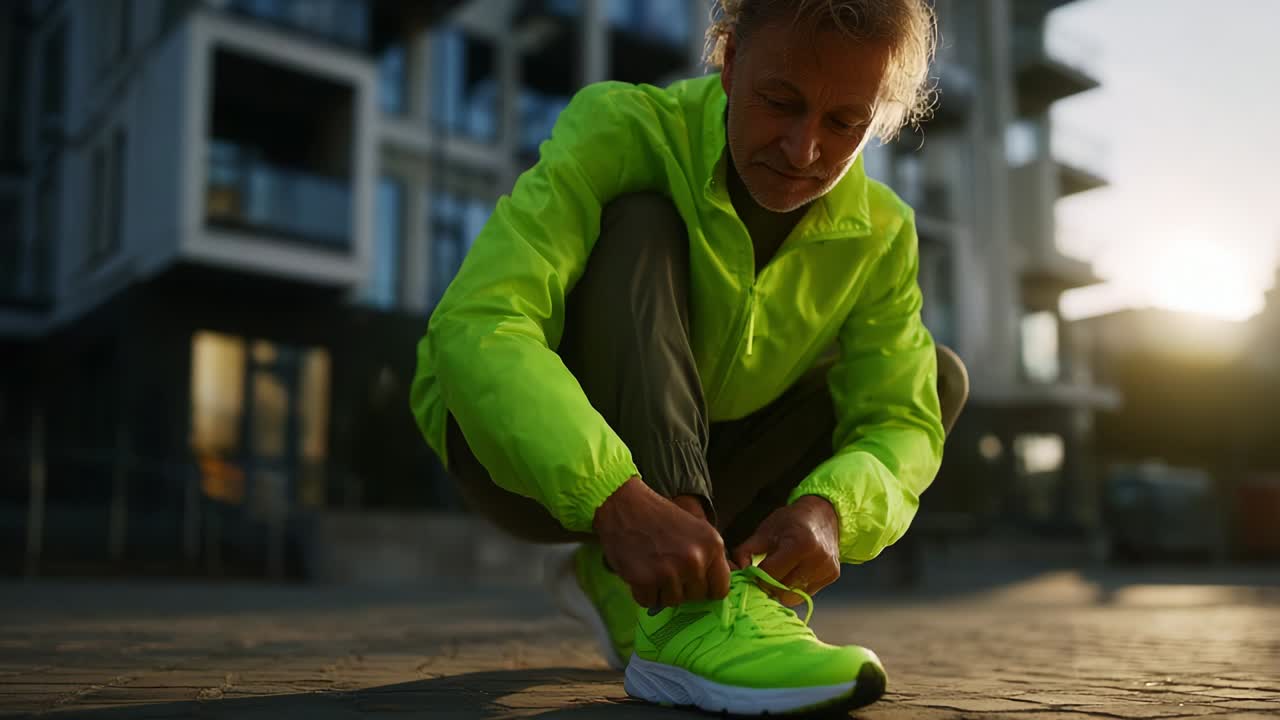 Una persona si prepara per una corsa serale, concentrandosi intensamente allacciandosi le scarpe da ginnastica mentre indossa abbigliamento sportivo riflettente sotto la luce soffusa del tramonto tra l'architettura urbana
