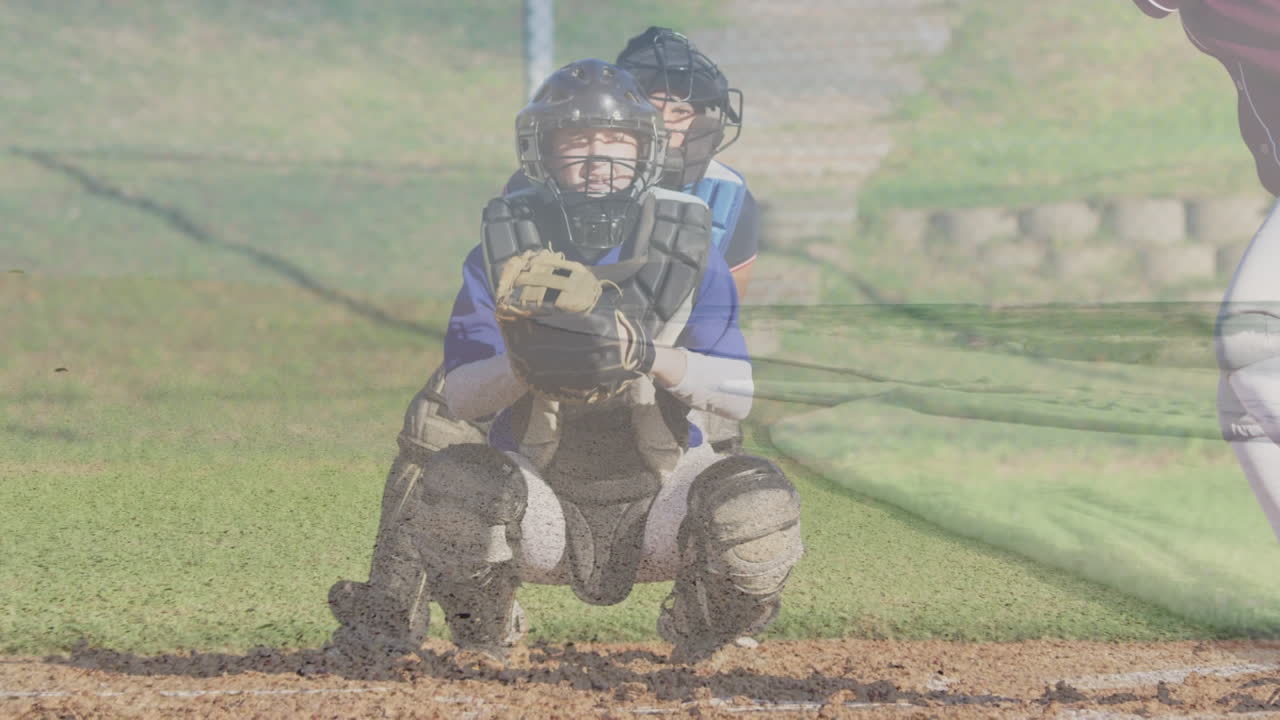 animación de paisaje marino sobre niños caucásicos jugando béisbol