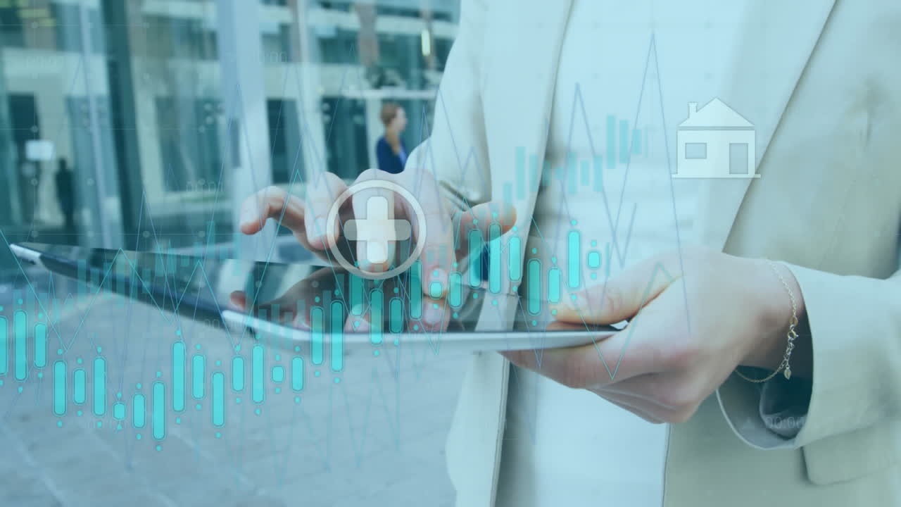 animación del procesamiento de datos estadísticos en la sección media de la mujer de negocios utilizando una tableta digital.