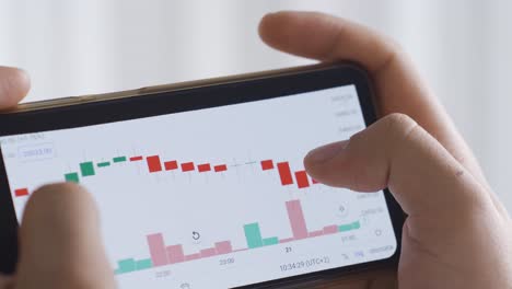 man checking cryptocurrency and share price chart on digital stock market on phone screen.