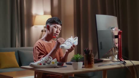 person customizing sneakers at home