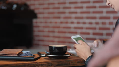 business woman using smartphone relaxing in coffee shop browsing social media messages texting enjoying lunch in cafe