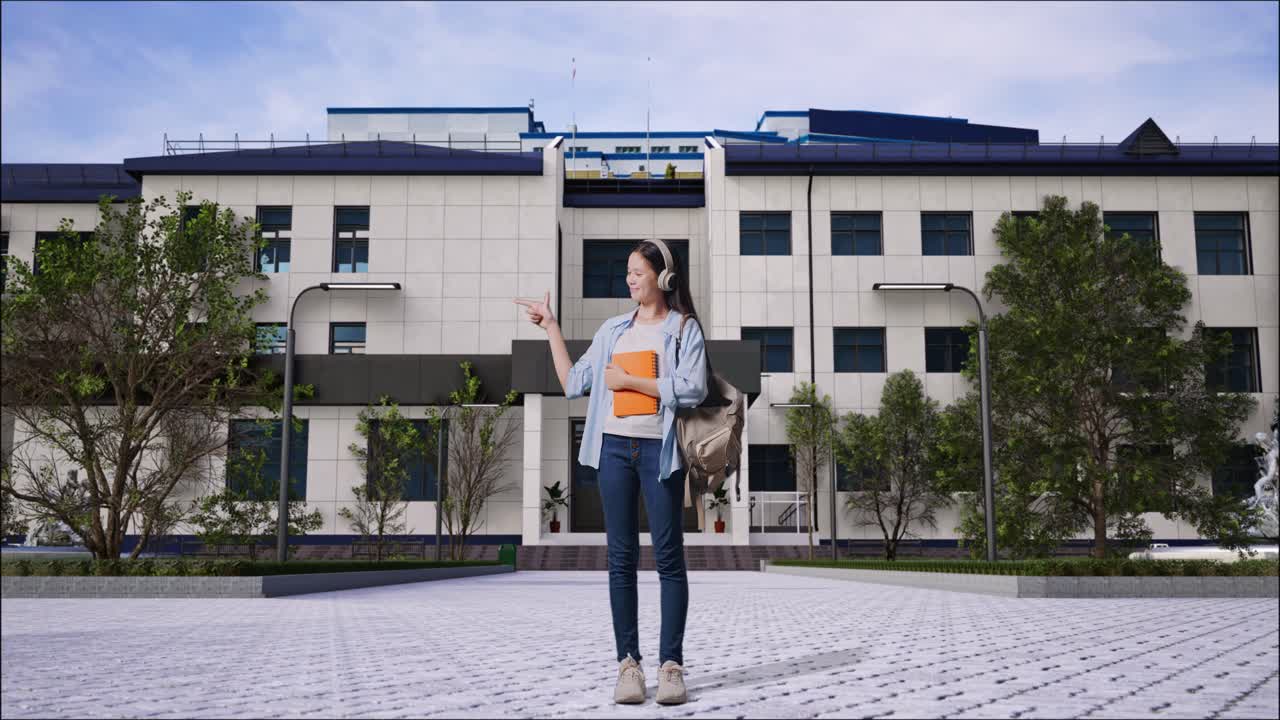 학교 건물 앞에 서 있는 동안 웃고 을 가리키는 책과 배을 가진 아시아 십대 소녀 학생의 몸이 가득 차 있습니다.