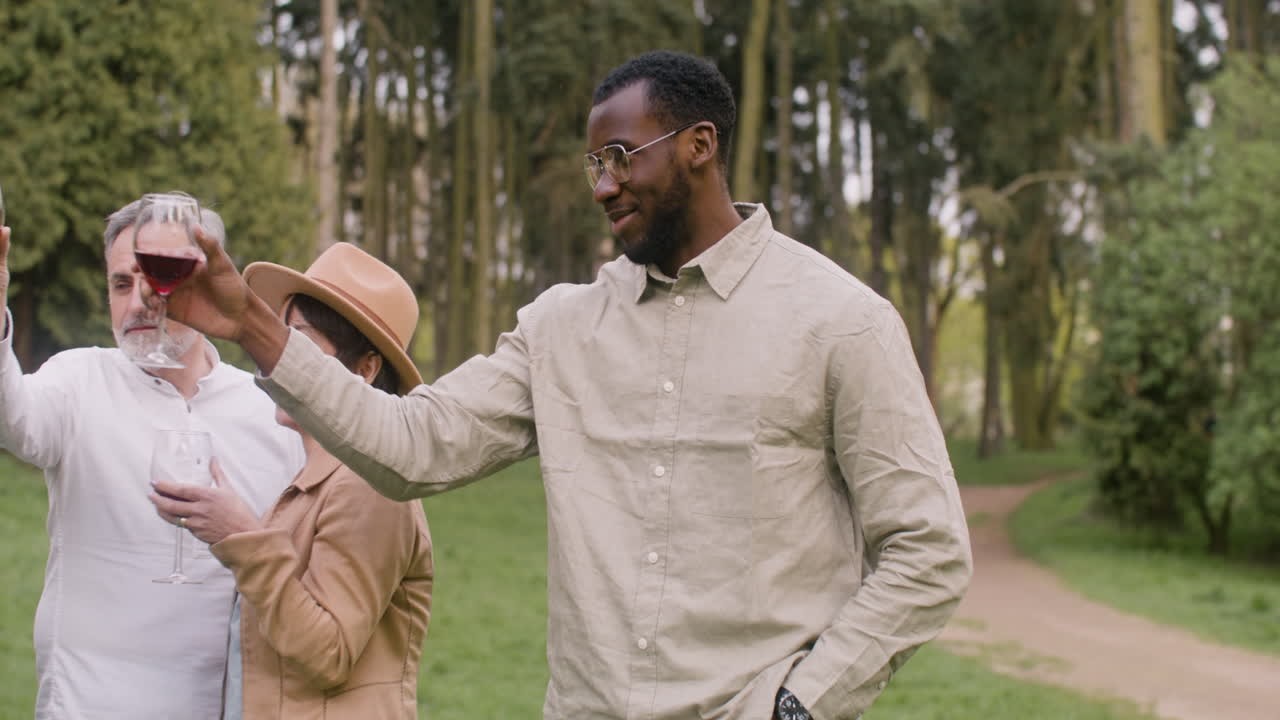 orta yaşlı arkadaşlar grubu parkta oturuyor ve açık hava partisi sırasında şarap içiyor