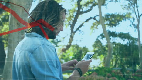 animación de diagramas sobre hombre caucásico usando teléfono inteligente