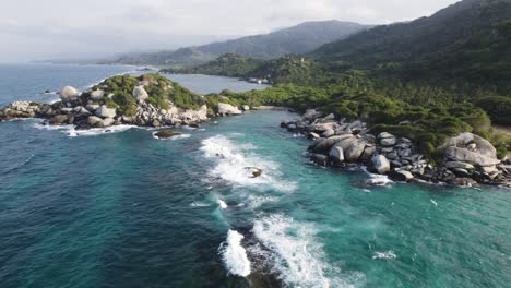 Aerial-shot-of-Cabo-San-Juan's-rugged-beauty-in-Tayrona,-Colombia