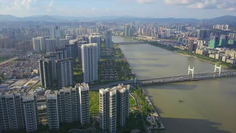 sunny day zhuhai cityscape river bay bridge aerial panorama 4k china