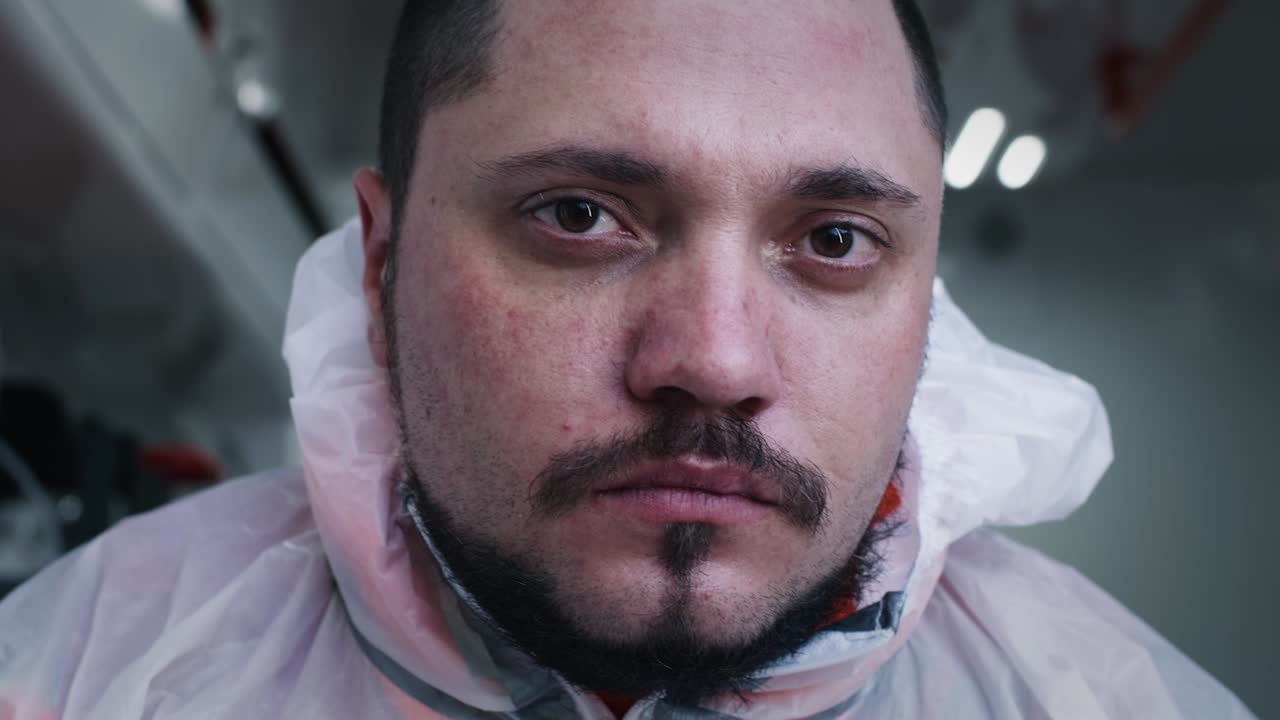 bearded Paramedic in Hazmat Suit Looking at Camera Tired Bearded Male Doctor in Hazmat Suit Looking at Camera while Working Difficult Shift in Ambulance during Pandemic