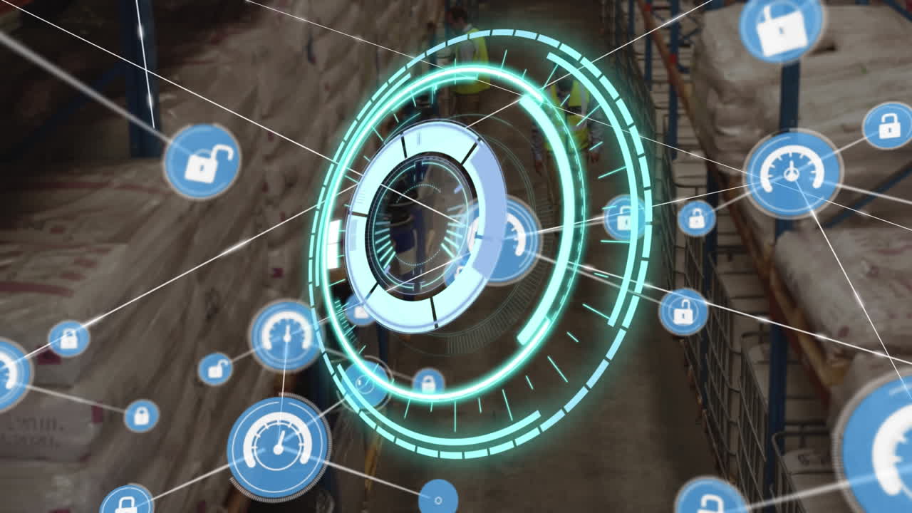 animación de patrón circular, iconos conectados sobre compañeros de trabajo caminando en medio del inventario en el almacén.