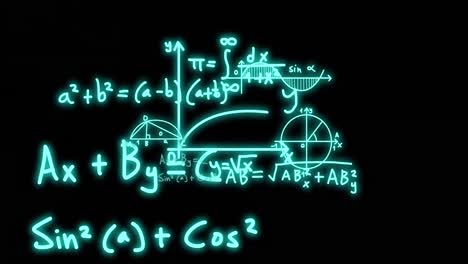 animation of mathematical formulae and scientific data processing over black background