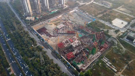Aerial drone shot capturing a massive construction site in Noida India