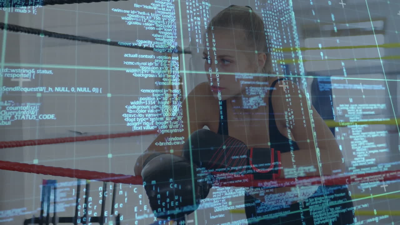 female boxer leaning on boxing ring ropes, showcasing fitness technology with code grid overlay