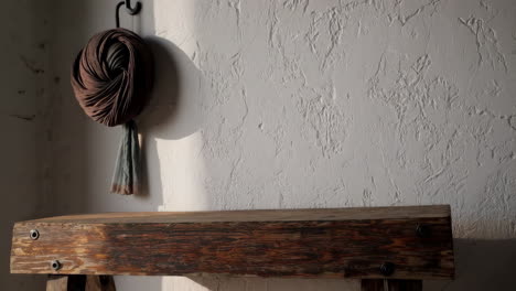 rustic room decor with yarn and wooden bench