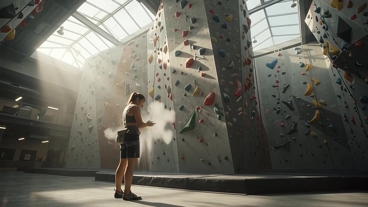 Female Rock Climber Preparing Hands with Chalk at Indoor Climbing Gym