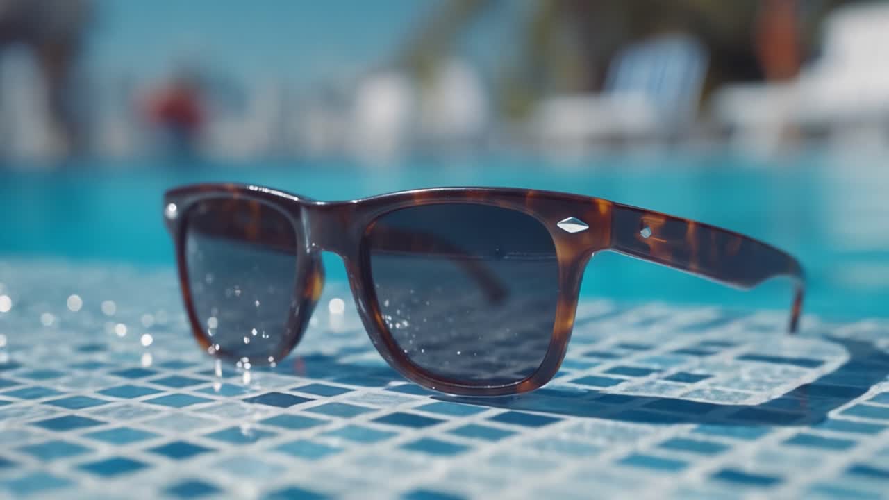 プールサイドに置かれたスタイリッシュなサングラス。水面と太陽の光の反射が、リラックスした夏の雰囲気を背景に作り出す