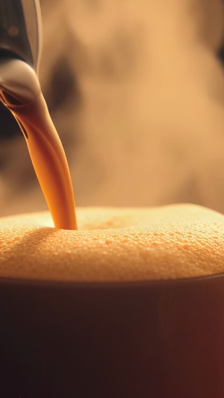 Vertical video: Espresso shot flowing through spout into coffee cup at cafe, crema and steam rising