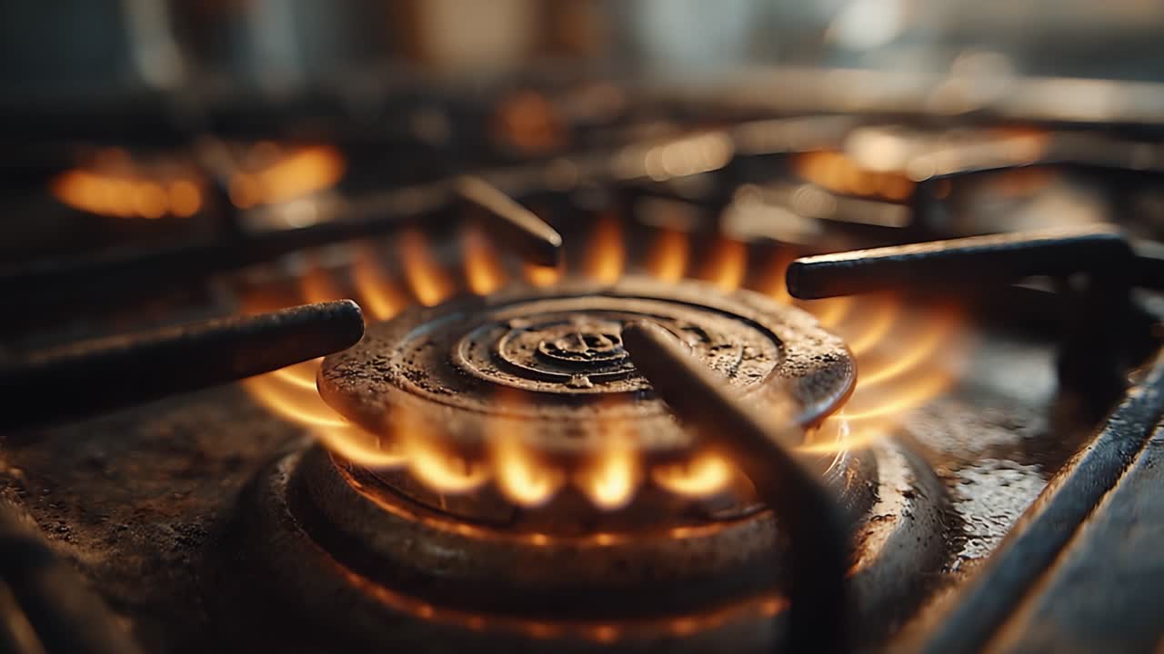 Fængslende flammer strømmer fra et vintage gaskomfur, der skaber en varm glød i køkkenatmosfæren og fremviser charmen og funktionaliteten ved madlavning med gas.
