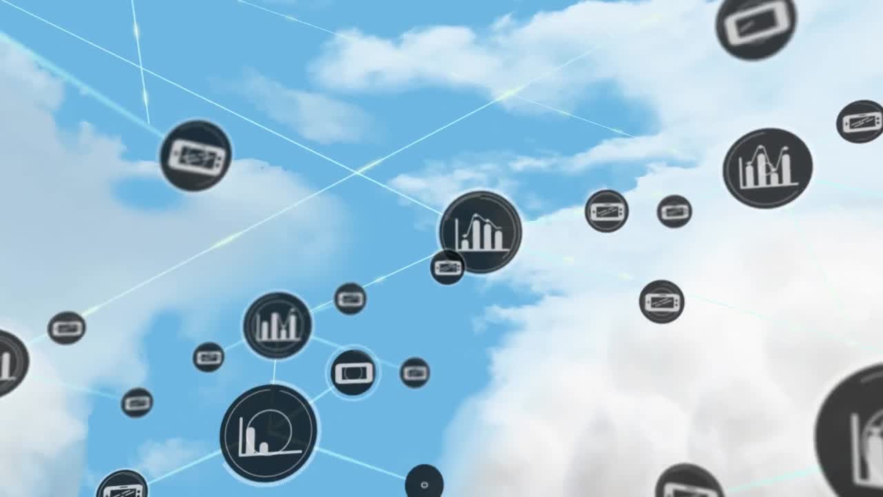 Animation of network of connections with icons over clouds on sky