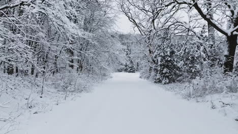 A-drone-flies-slowly-down-a-rural-dirt-road-after-a-blizzard