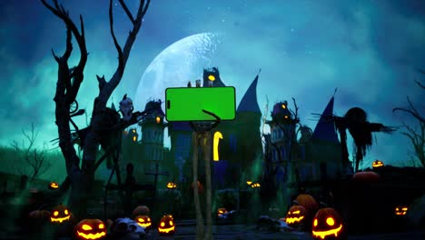 skeleton hand rising up smartphone with green screen, halloween haunted house with bats, and pumpkins under scary moon cinematic video animation background